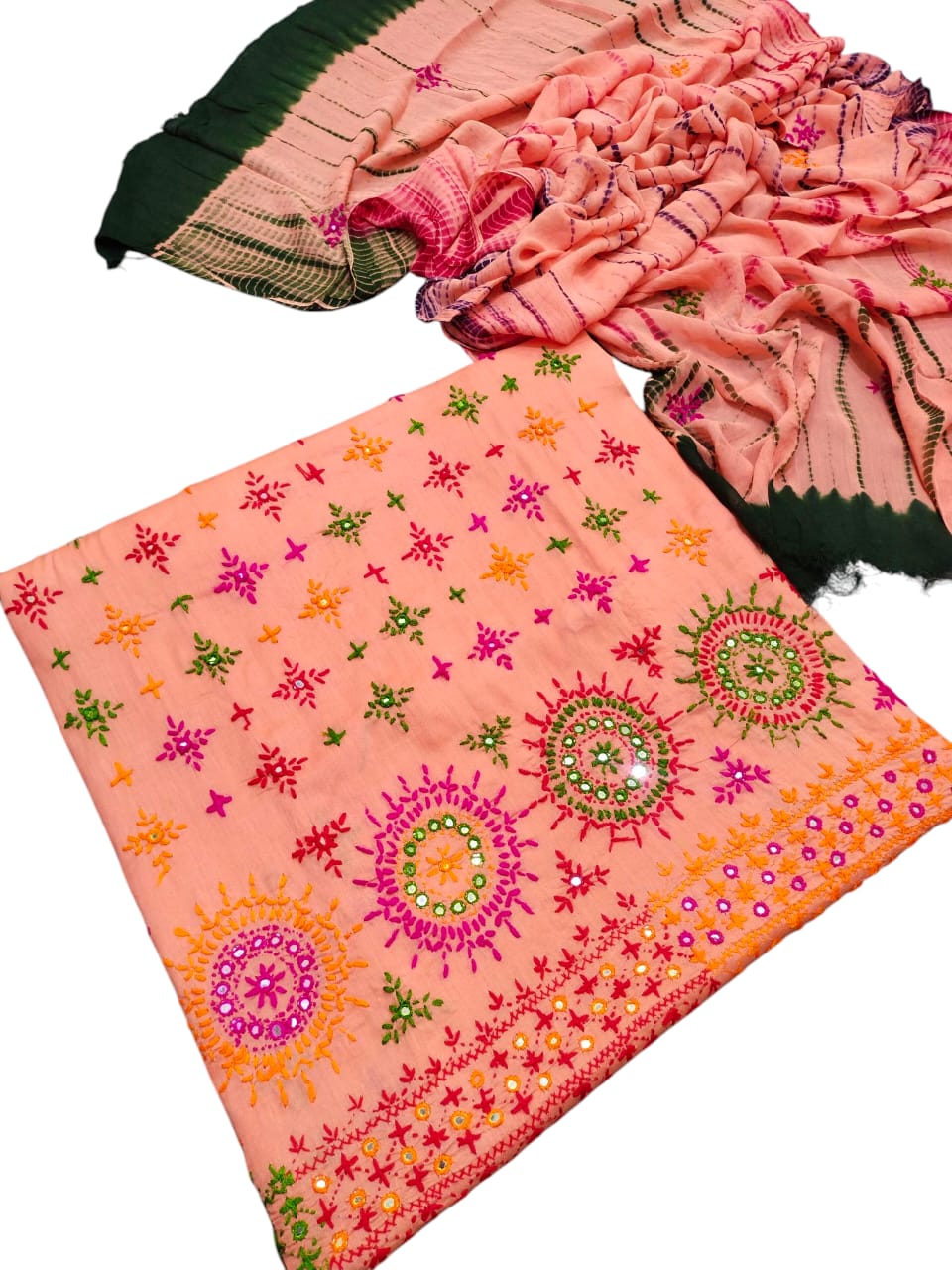 Peach colour Handmade sindhi boti chawal tanka work collection with tye n dye dupata 3pc suit (shirt dupata &  trouser)