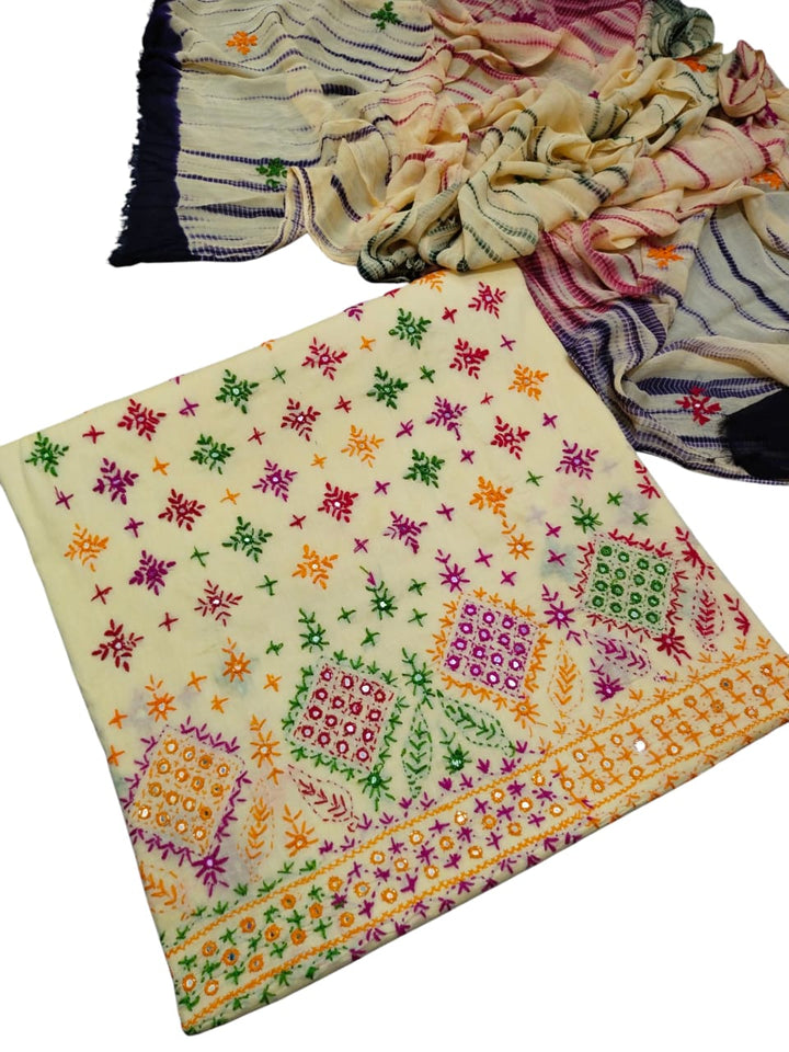 Off white or cream colour Handmade sindhi boti chawal tanka work collection with tye n dye dupata 3pc suit (shirt dupata &  trouser)