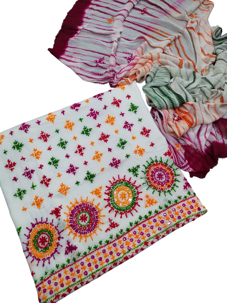 White  colour Handmade sindhi boti chawal tanka work collection with tye n dye dupata 3pc suit (shirt dupata &  trouser)