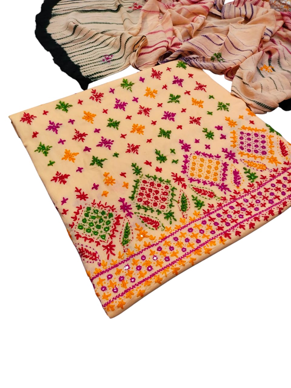 Light beige  colour Handmade sindhi boti chawal tanka work collection with tye n dye dupata 3pc suit (shirt dupata &  trouser)