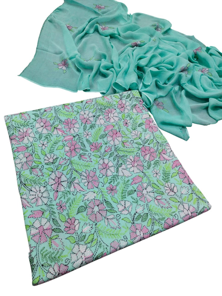 Seafoam green or aquamarine colour Kacha indian work collection shirt full jaal shirt dupata & trouser