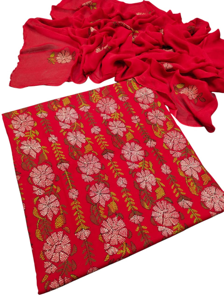 Red colour Kacha indian work collection shirt full jaal shirt dupata & trouser