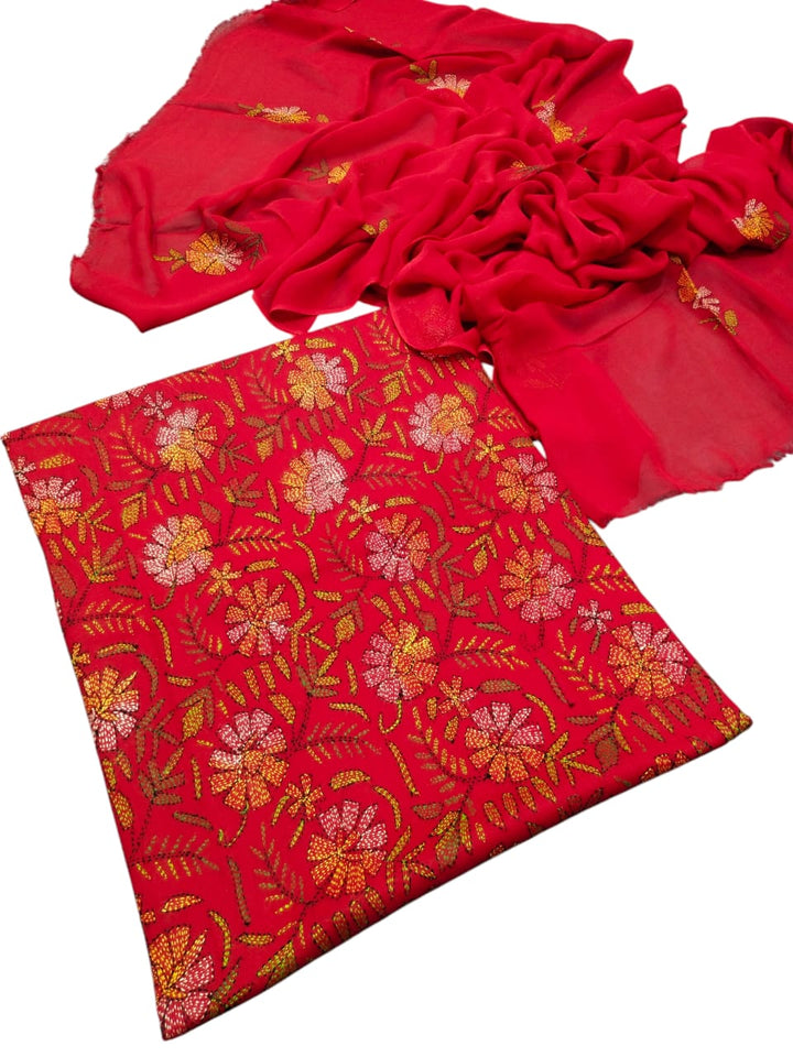 Red  colour Kacha indian work collection shirt full jaal shirt dupata & trouser