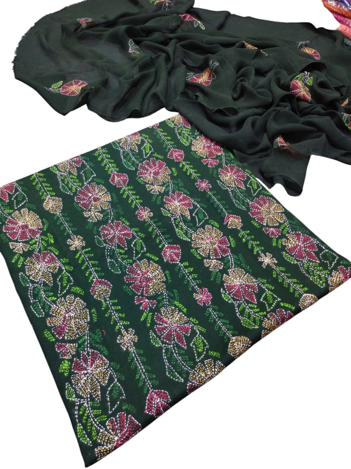 Forest green colour Kacha indian work collection shirt full jaal shirt dupata & trouser