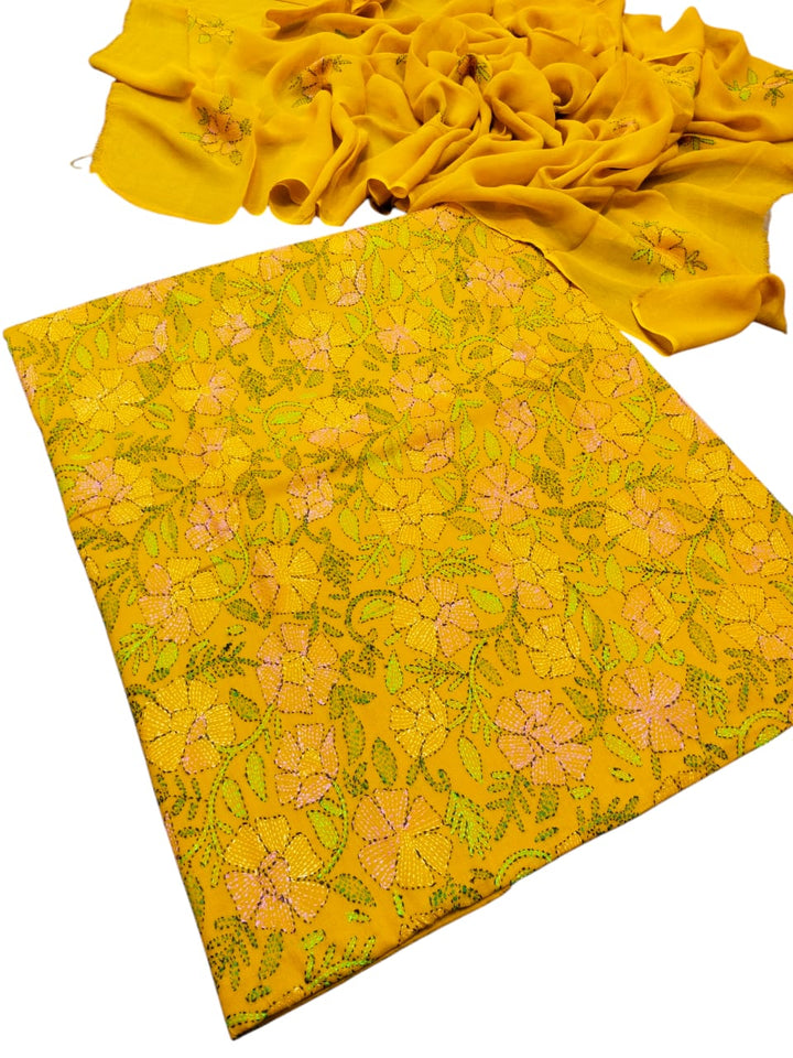 Yellow colour Kacha indian work collection shirt full jaal shirt dupata & trouser
