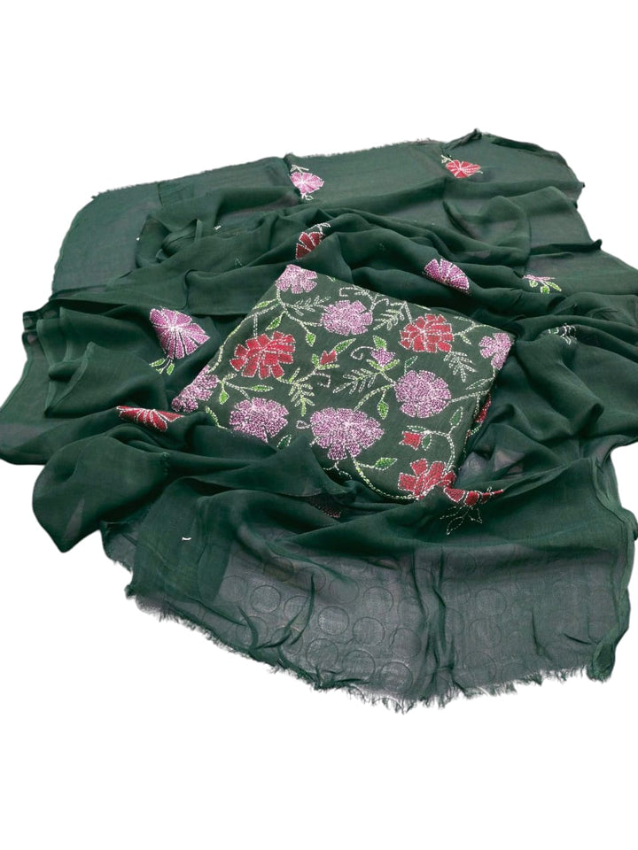 Drak green colour Kacha indian work collection shirt full jaal shirt dupata & trouser