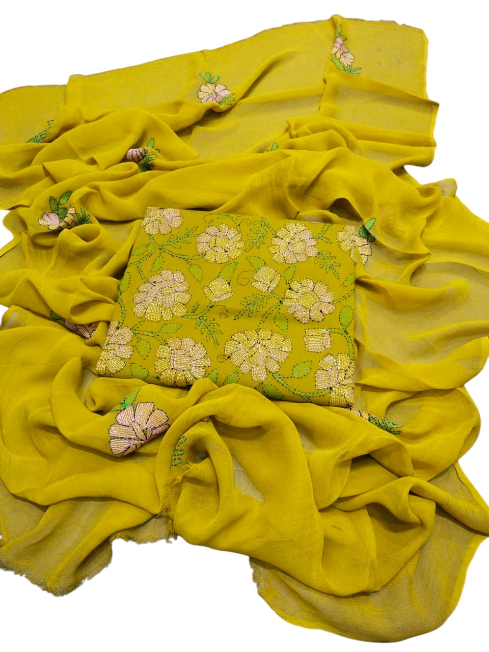 Mustard yellow colour Kacha indian work collection shirt full jaal shirt dupata & trouser