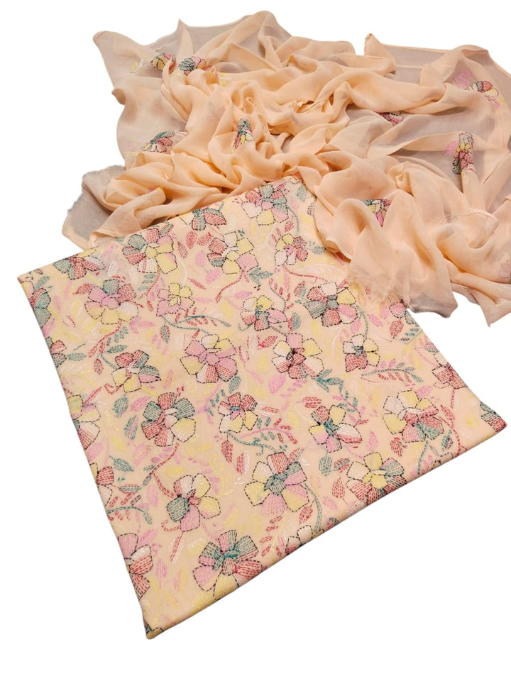 Peach or light orange colour Kacha indian work collection shirt full jaal shirt dupata & trouser
