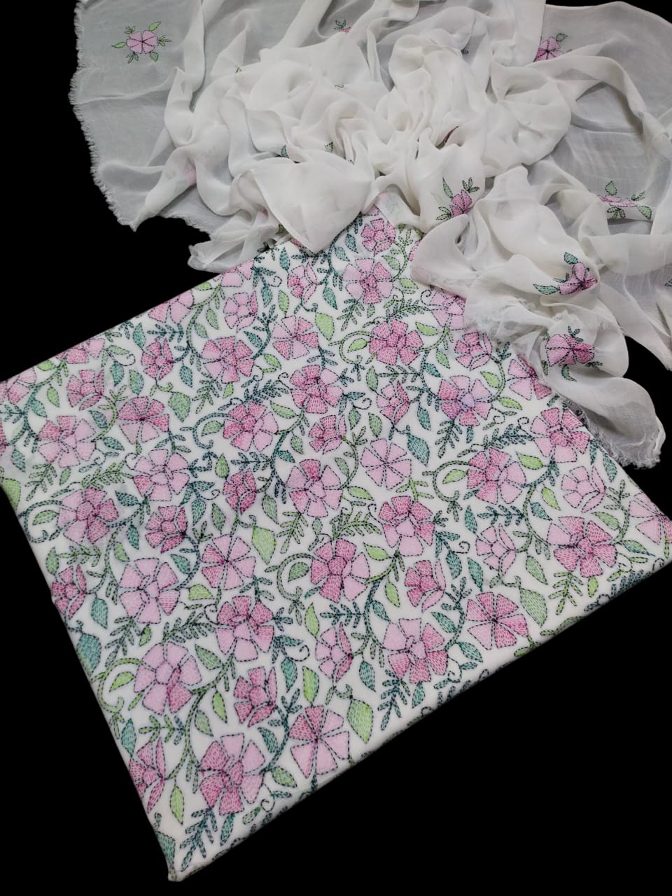 White colour Kacha indian work collection shirt full jaal shirt dupata & trouser