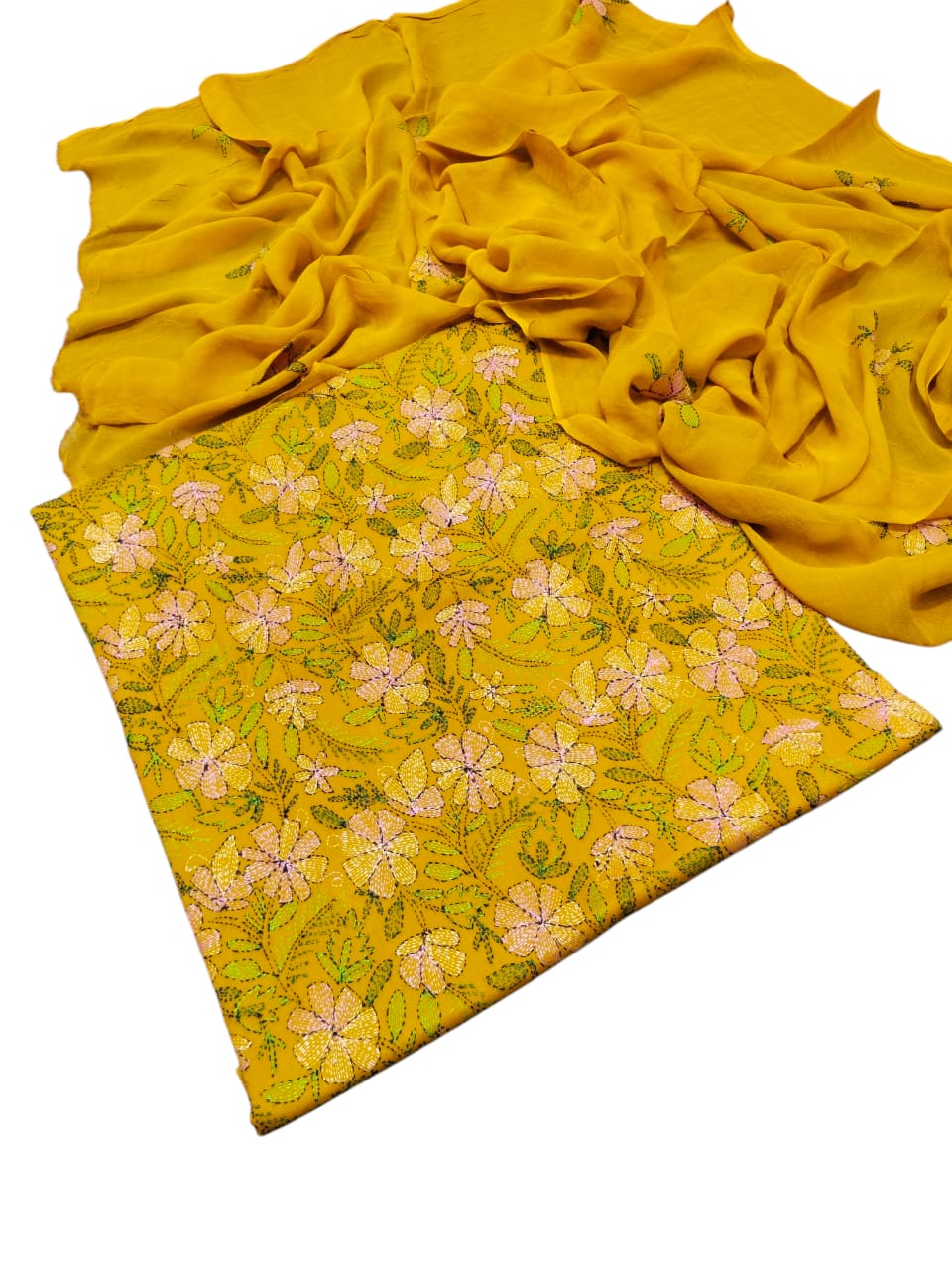 Mustard yellow colour Kacha indian work collection shirt full jaal shirt dupata & trouser