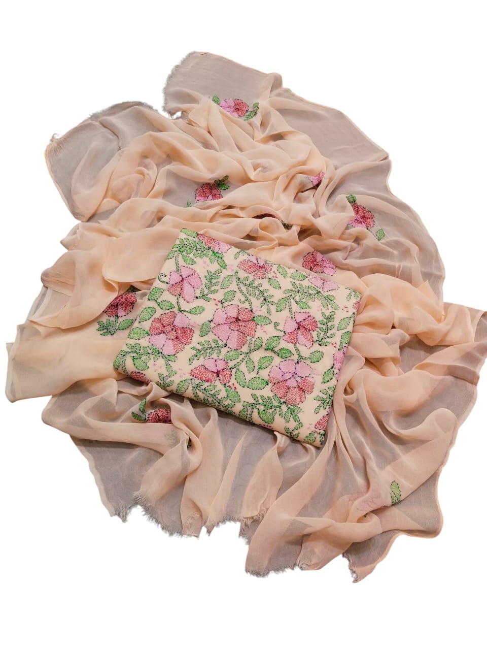 Light peach colour Kacha indian work collection shirt full jaal shirt dupata & trouser