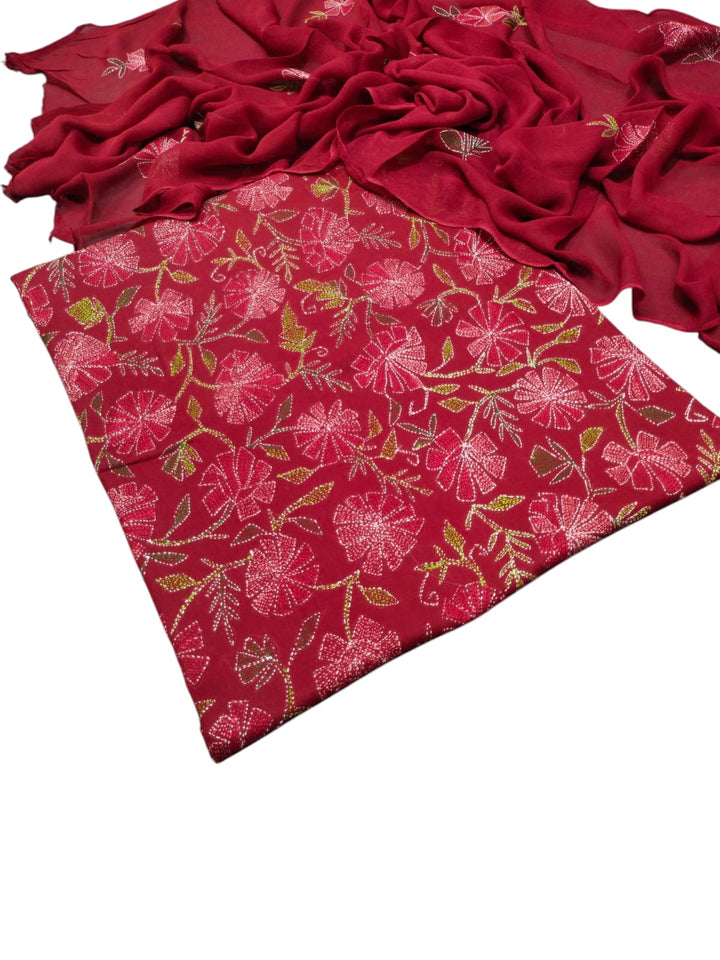Deep red colour Kacha indian work collection shirt full jaal shirt dupata & trouser