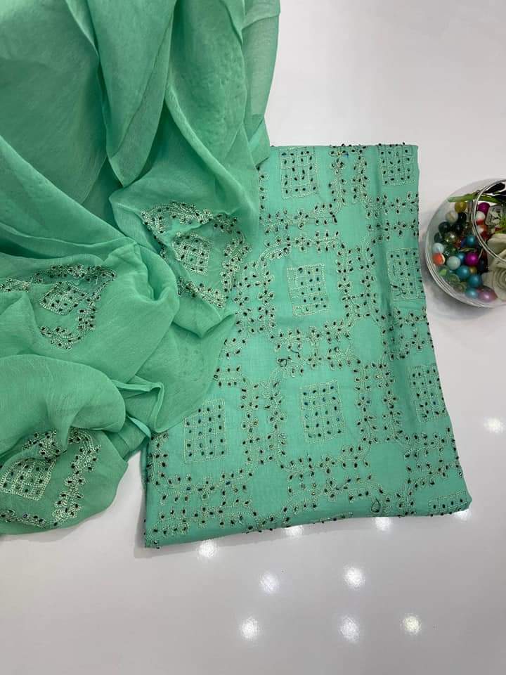 Light green colour Handmade cut dana work collection 3pcsuit (shirt dupata &   trouser)