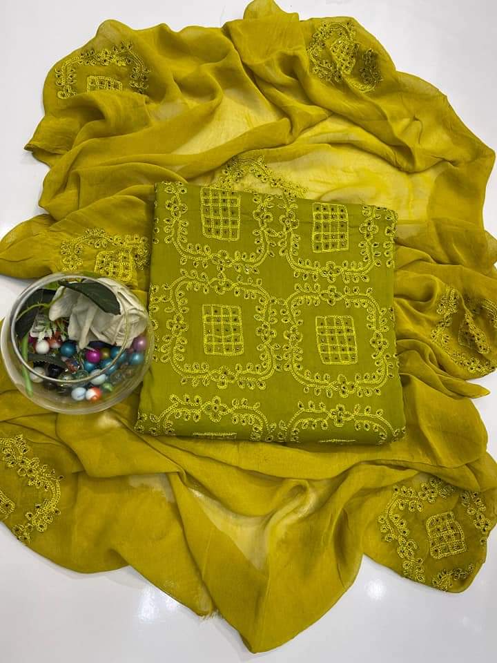 Mustard green colour Handmade cut dana work collection 3pcsuit (shirt dupata &   trouser)