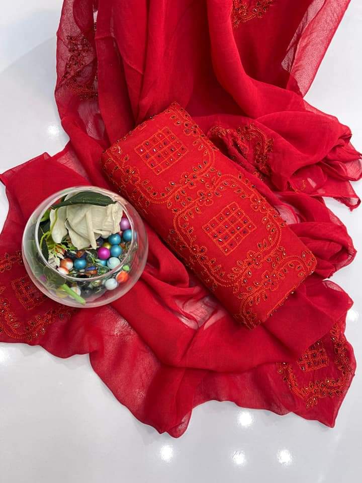 Crimson red colour Handmade cut dana work collection 3pcsuit (shirt dupata &   trouser)