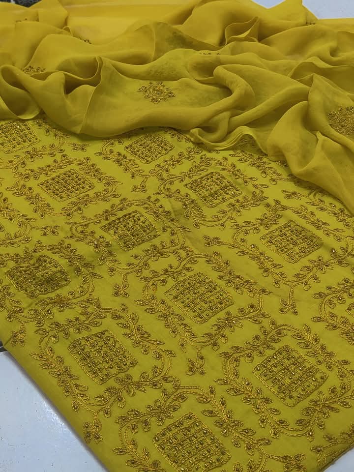 Yellow colour Handmade cut dana work collection 3pcsuit (shirt dupata &   trouser)