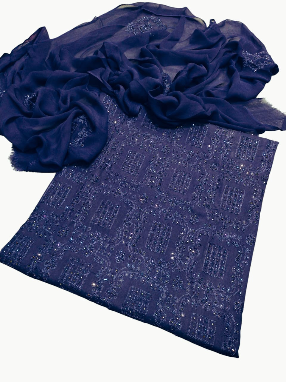Navy blue colour Handmade cut dana work collection 3pcsuit (shirt dupata &   trouser)