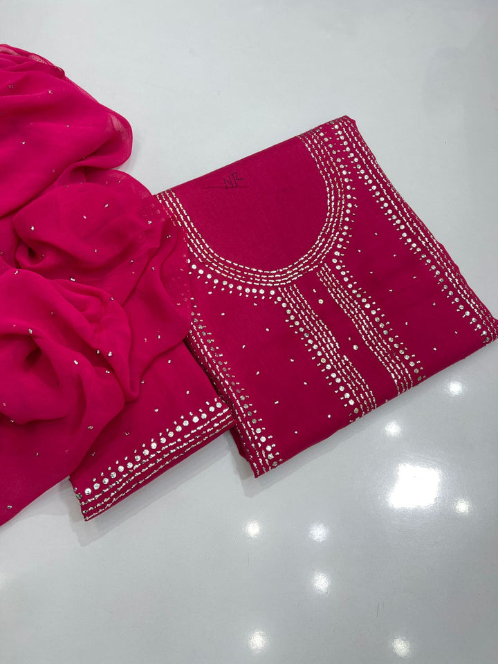 Shocking pink colour Hand Embroidery Mukesh Kamdani kurta galla work collection shirt chiffon dupata & trouser 3pc
