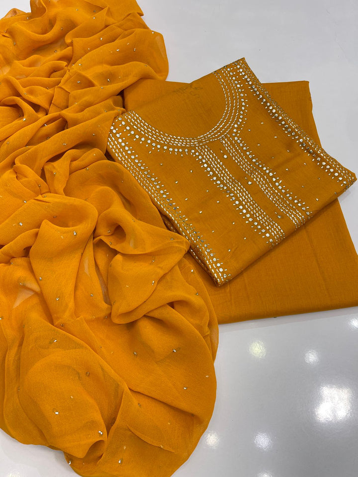 Mustard yellow colour Hand Embroidery Mukesh Kamdani kurta galla work collection shirt chiffon dupata & trouser 3pc