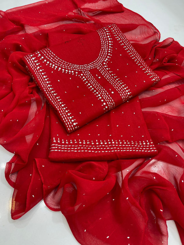 Red colour Hand Embroidery Mukesh Kamdani kurta galla work collection shirt chiffon dupata & trouser 3pc