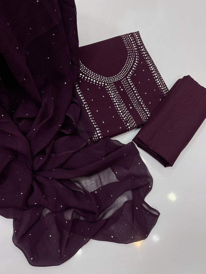 Dark purple colour Hand Embroidery Mukesh Kamdani kurta galla work collection shirt chiffon dupata & trouser 3pc