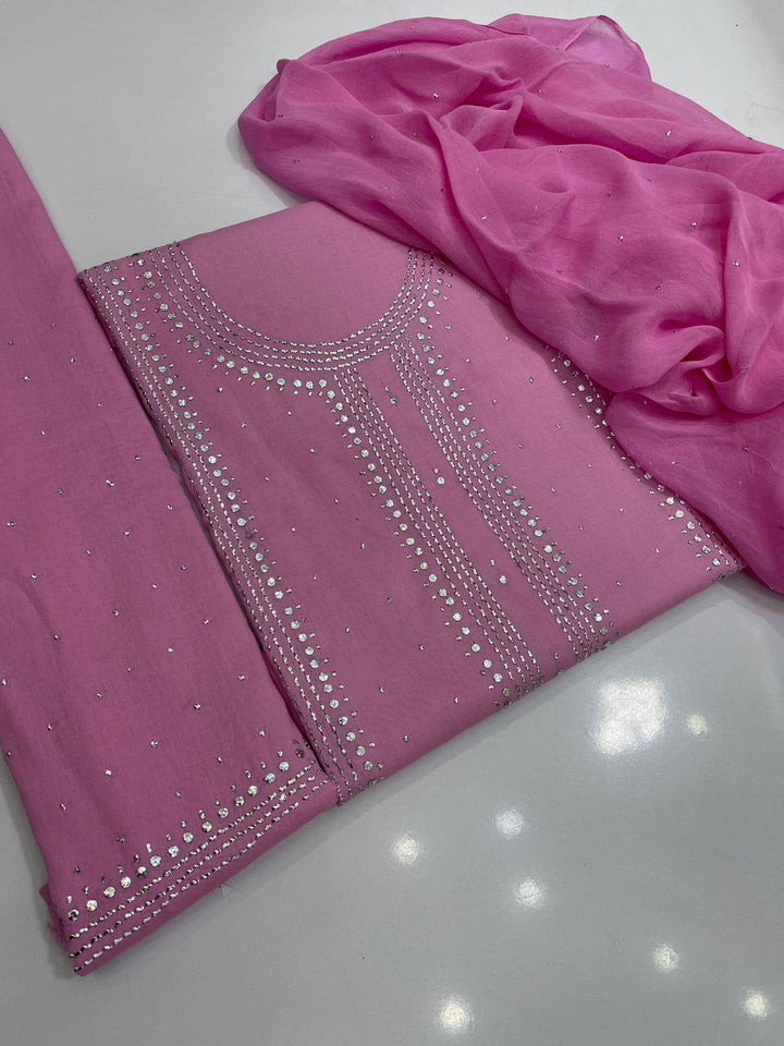 Baby pink  colour Hand Embroidery Mukesh Kamdani kurta galla work collection shirt chiffon dupata & trouser 3pc