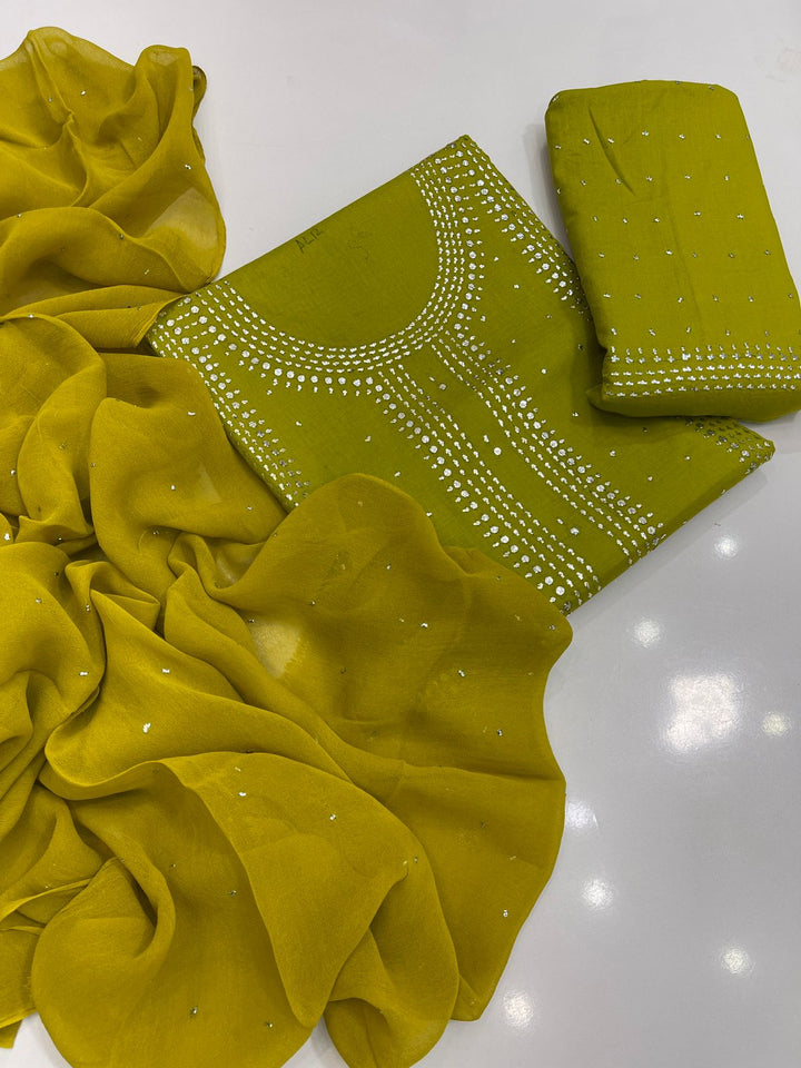 Olive green colour Hand Embroidery Mukesh Kamdani kurta galla work collection shirt chiffon dupata & trouser 3pc
