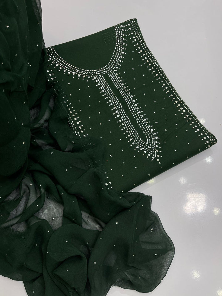 Dark green colour Hand Embroidery Mukesh Kamdani kurta galla work collection shirt chiffon dupata & trouser 3pc