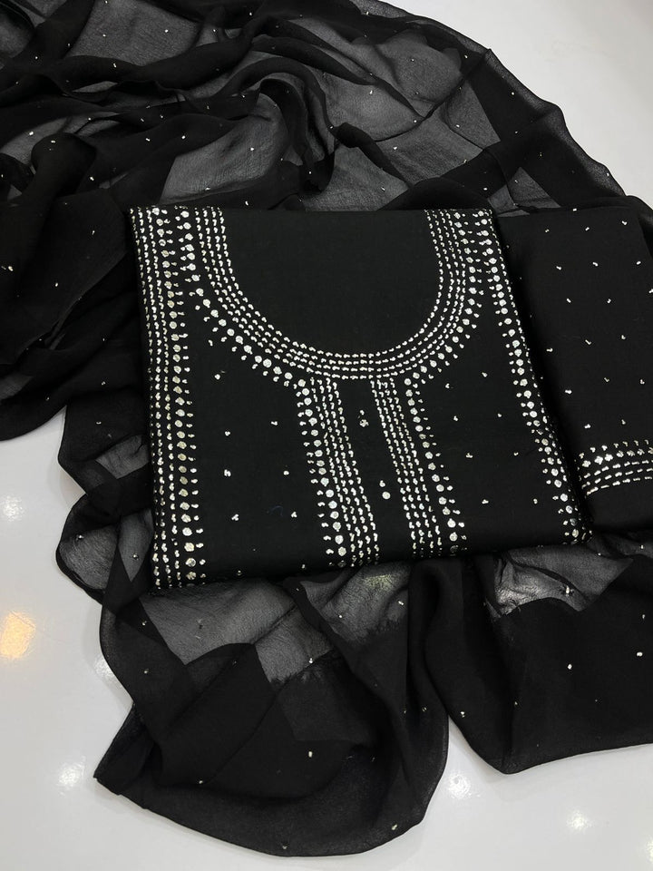 Black colour Hand Embroidery Mukesh Kamdani kurta galla work collection shirt chiffon dupata & trouser 3pc