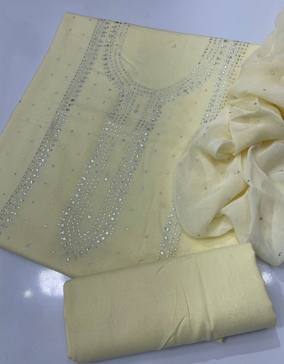 Light yellow colour Hand Embroidery Mukesh Kamdani kurta galla work collection shirt chiffon dupata & trouser 3pc