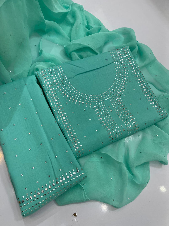 Aqua blue colour Hand Embroidery Mukesh Kamdani kurta galla work collection shirt chiffon dupata & trouser 3pc