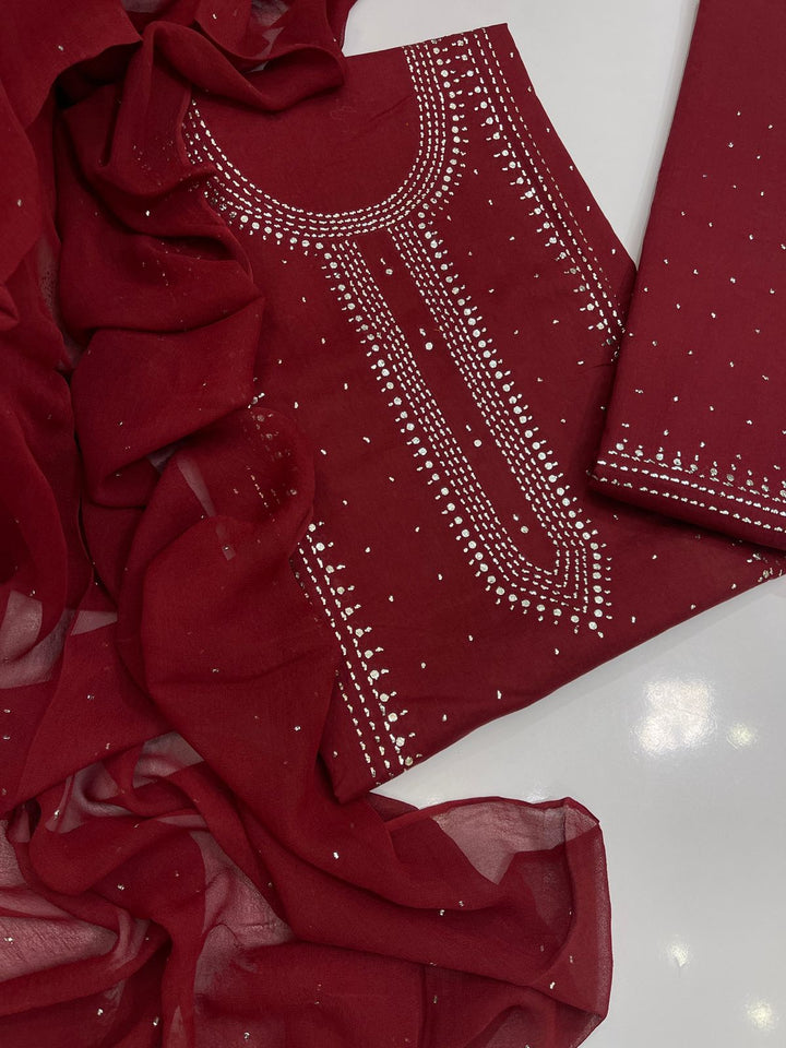 Maroon colour Hand Embroidery Mukesh Kamdani kurta galla work collection shirt chiffon dupata & trouser 3pc