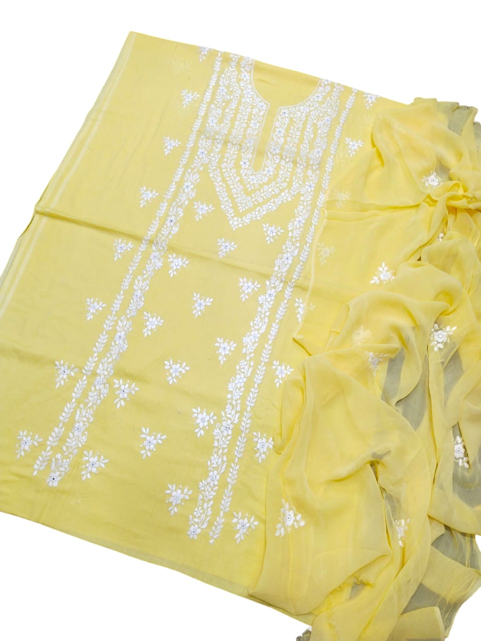 Lemon yellow Lawn paka shesha jal work collection shirt dupata & trouser (3pc)