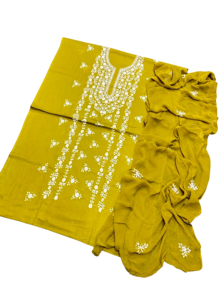 Mustard yellow colour Lawn paka shesha jal work collection shirt dupata & trouser (3pc)