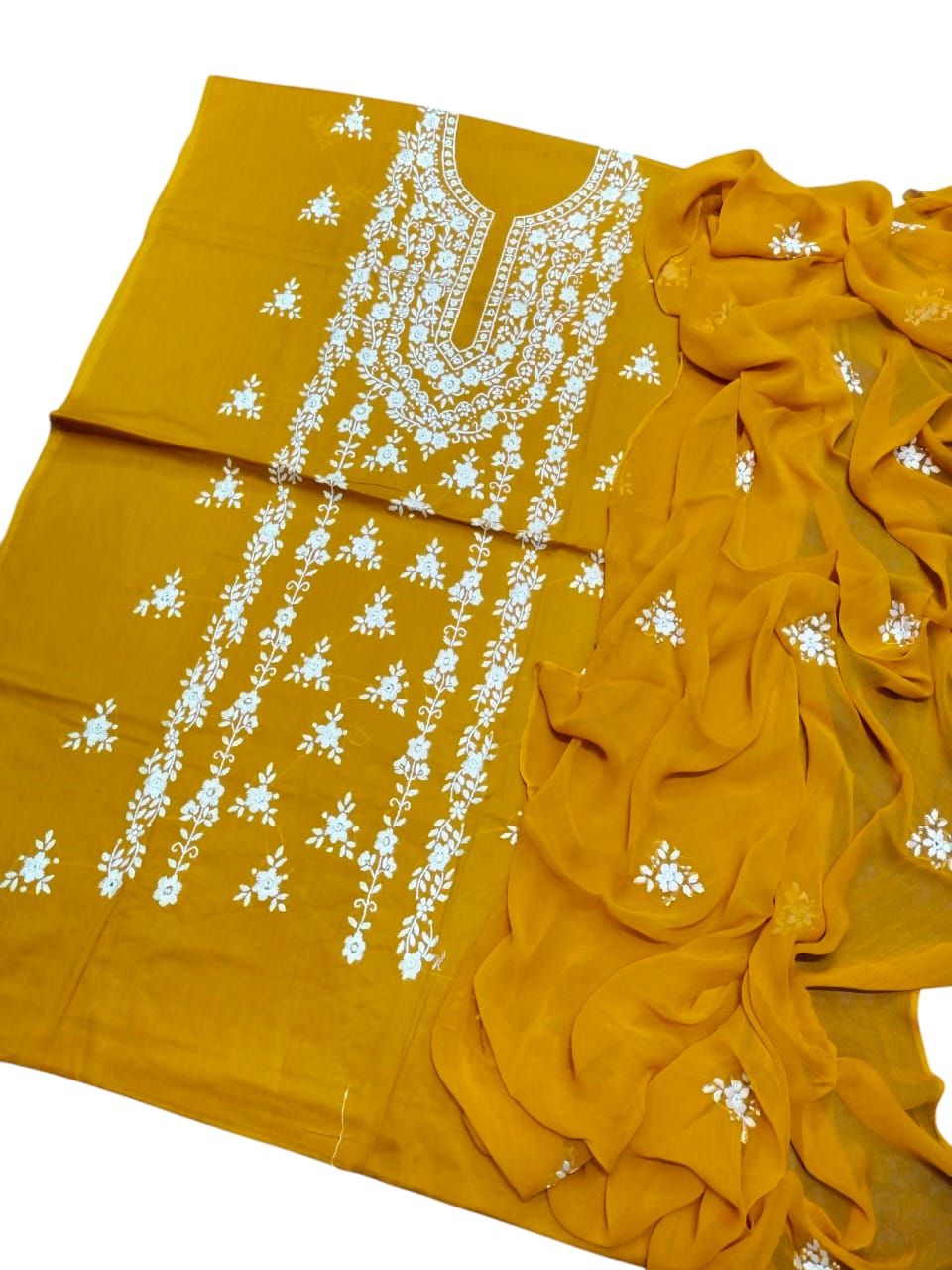 Olive yellow colour Lawn paka shesha jal work collection shirt dupata & trouser (3pc)