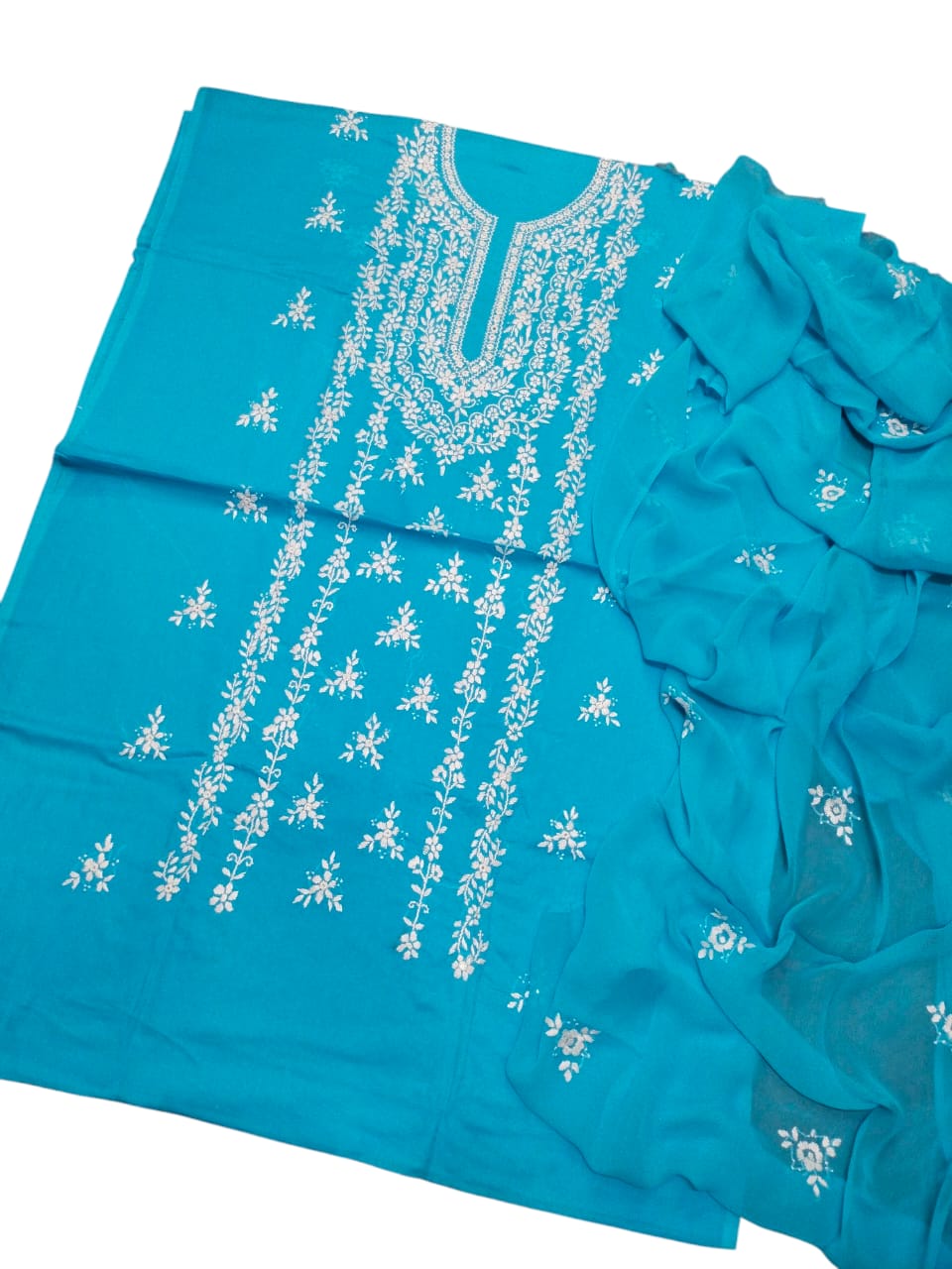 Teal blue colour Lawn paka shesha jal work collection shirt dupata & trouser (3pc)