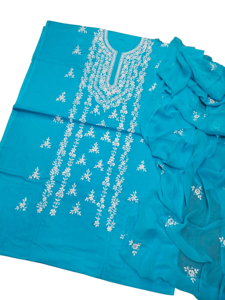 Teal blue colour Lawn paka shesha jal work collection shirt dupata & trouser (3pc)