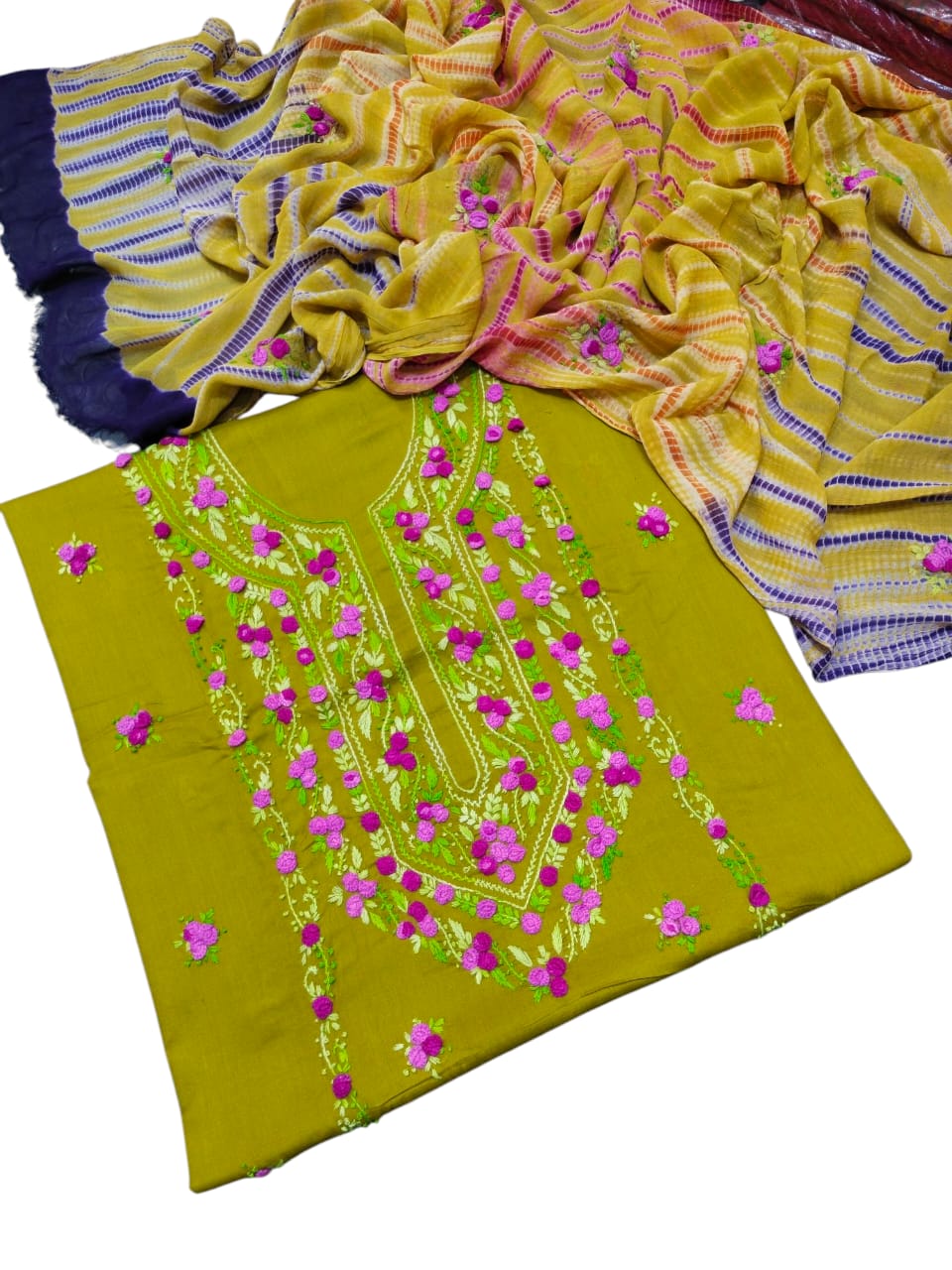 Olive green' colour Handmade pka gulab tanka work collection with tye n dye dupata 3pc