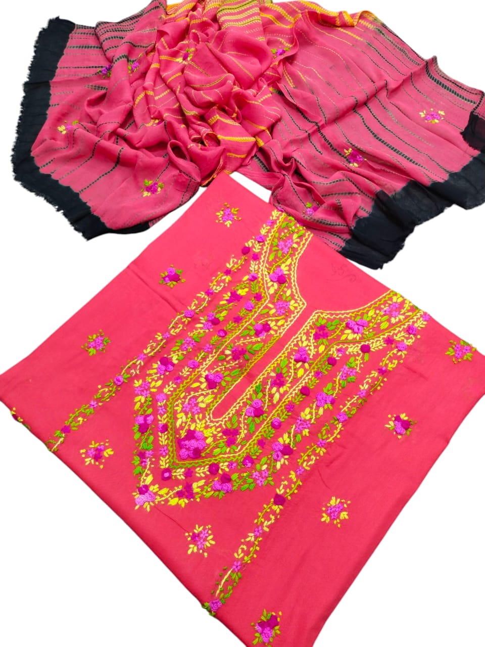 Pink colour Handmade pka gulab tanka work collection with tye n dye dupata 3pc