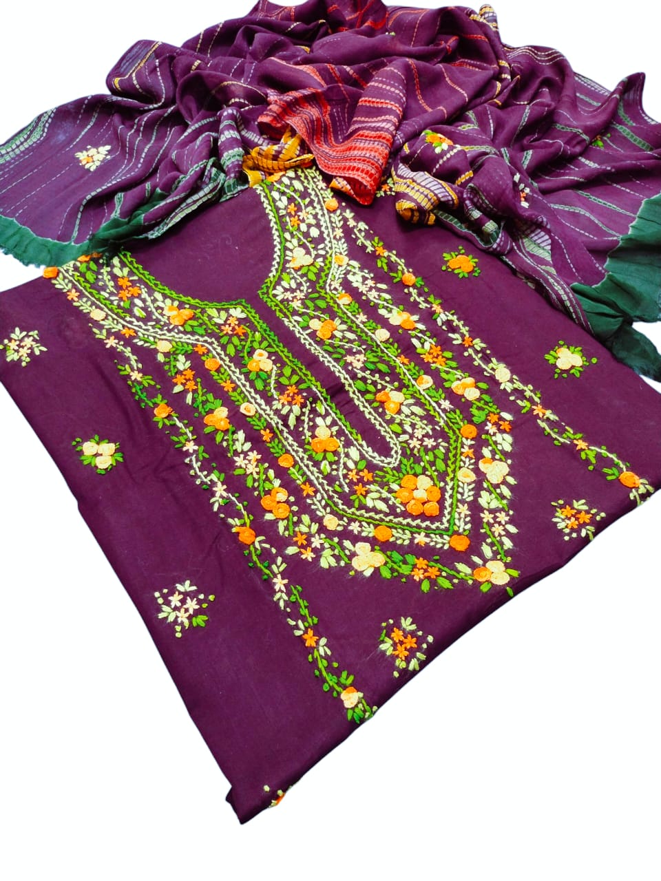 Purple colour Handmade pka gulab tanka work collection with tye n dye dupata 3pc