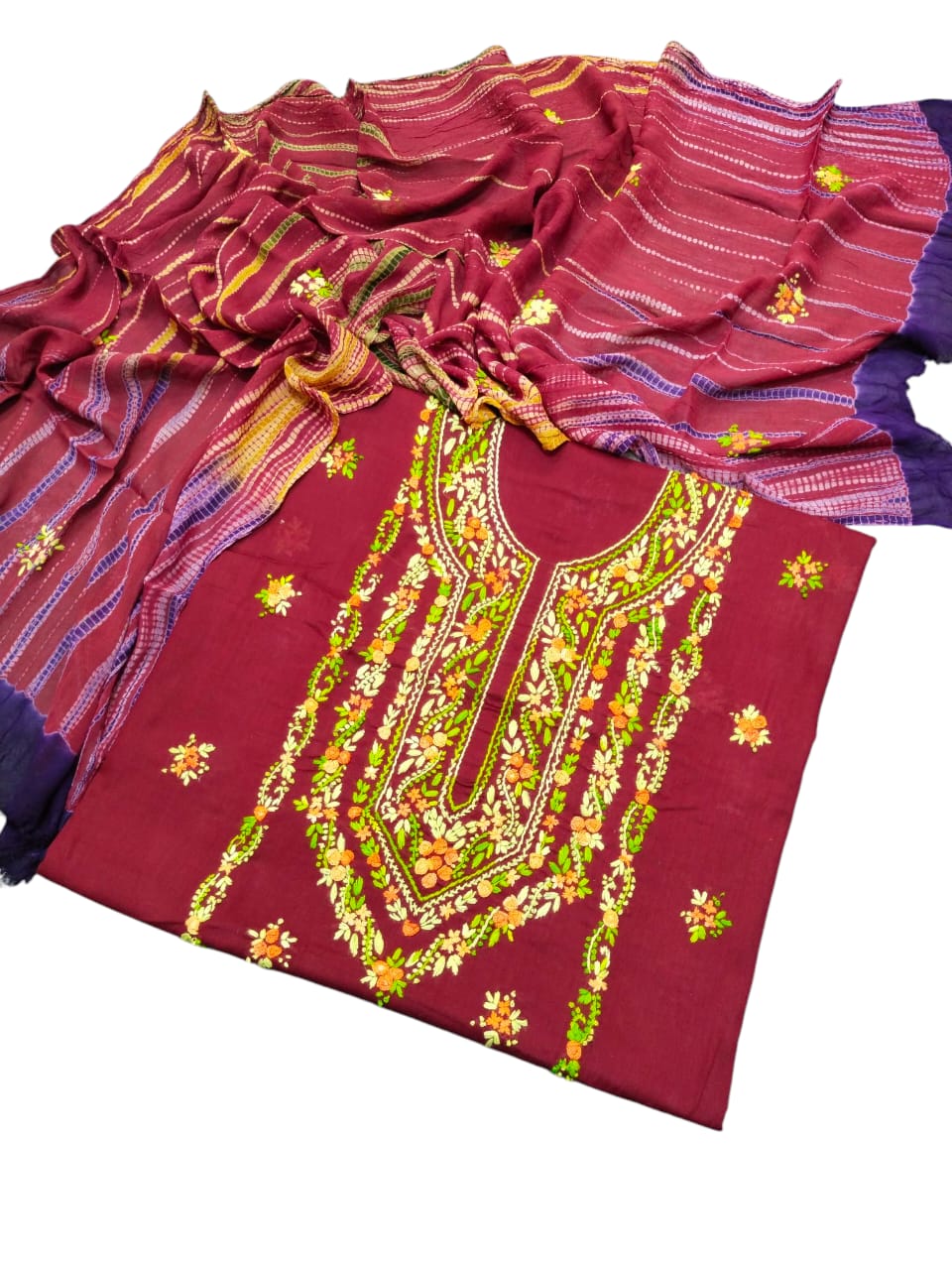 Maroon colour Handmade pka gulab tanka work collection with tye n dye dupata 3pc