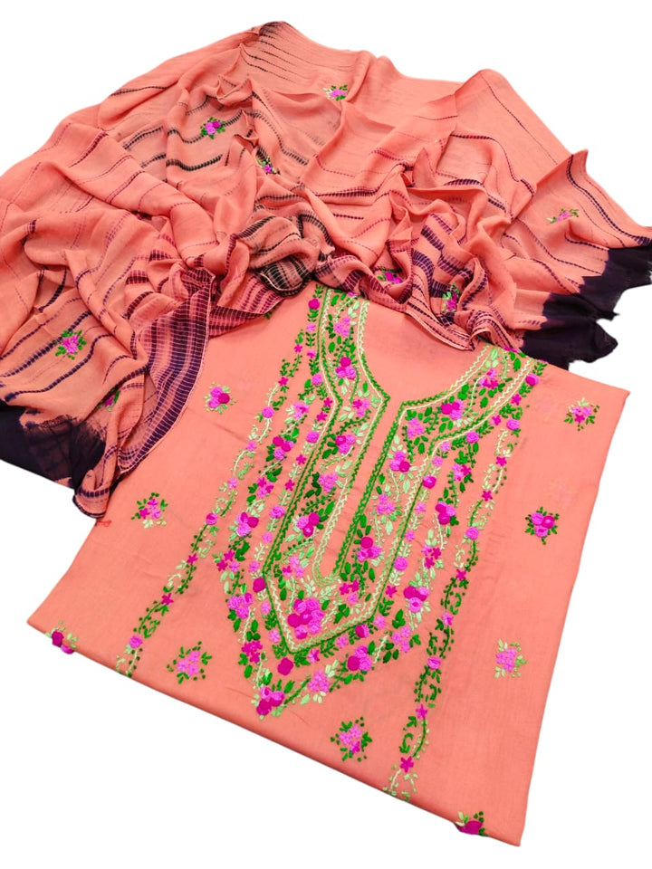 Peach colour Handmade pka gulab tanka work collection with tye n dye dupata 3pc