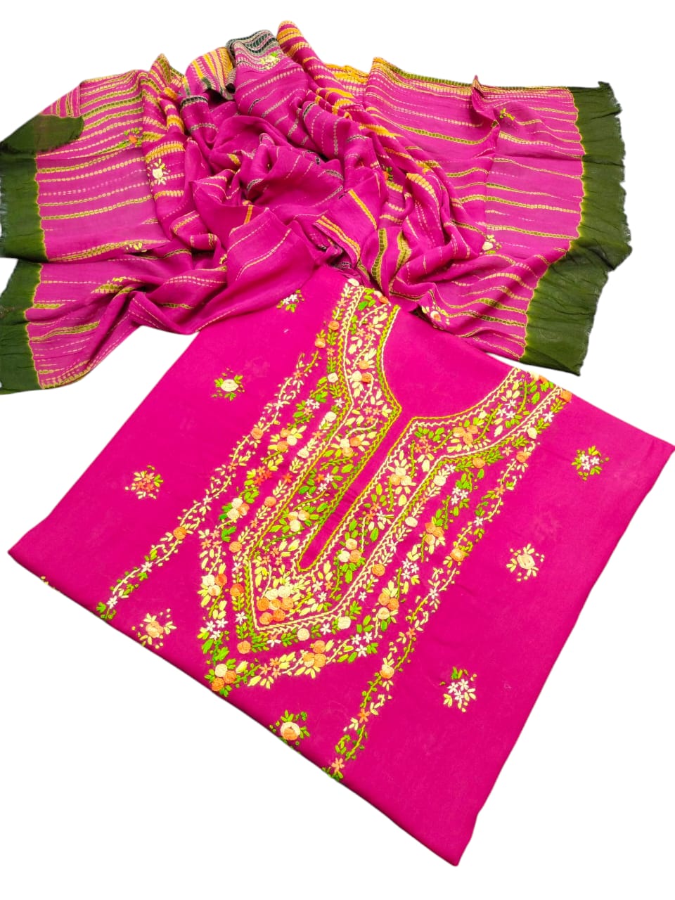 Fuchsia colour Handmade pka gulab tanka work collection with tye n dye dupata 3pc