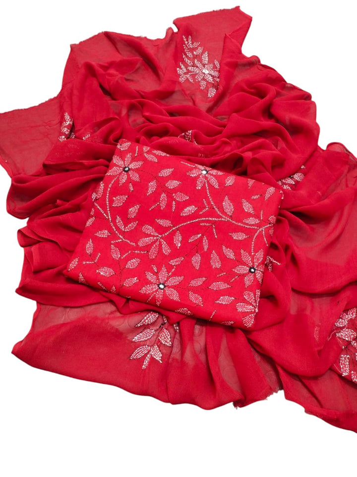 Red colour Hand made kacha jaal +mirror work collection 3pc suit (shirt dupata & trouser)