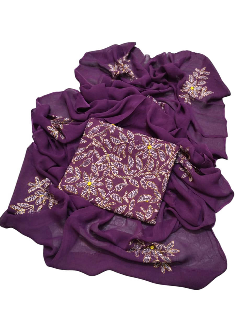 Purple colour Hand made kacha jaal +mirror work collection 3pc suit (shirt dupata & trouser)