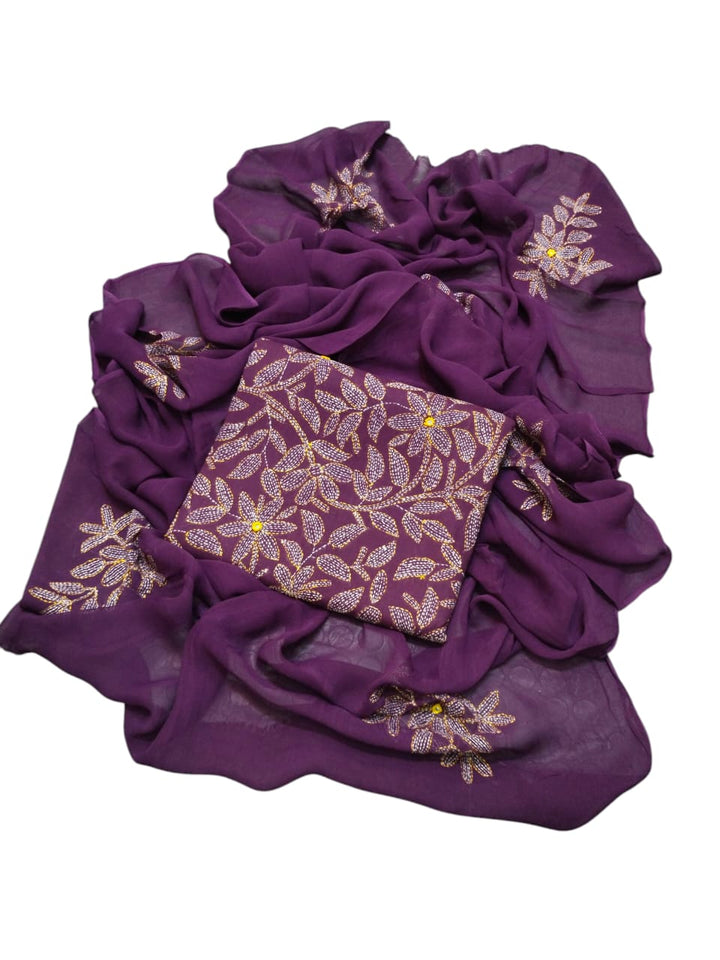 Purple colour Hand made kacha jaal +mirror work collection 3pc suit (shirt dupata & trouser)