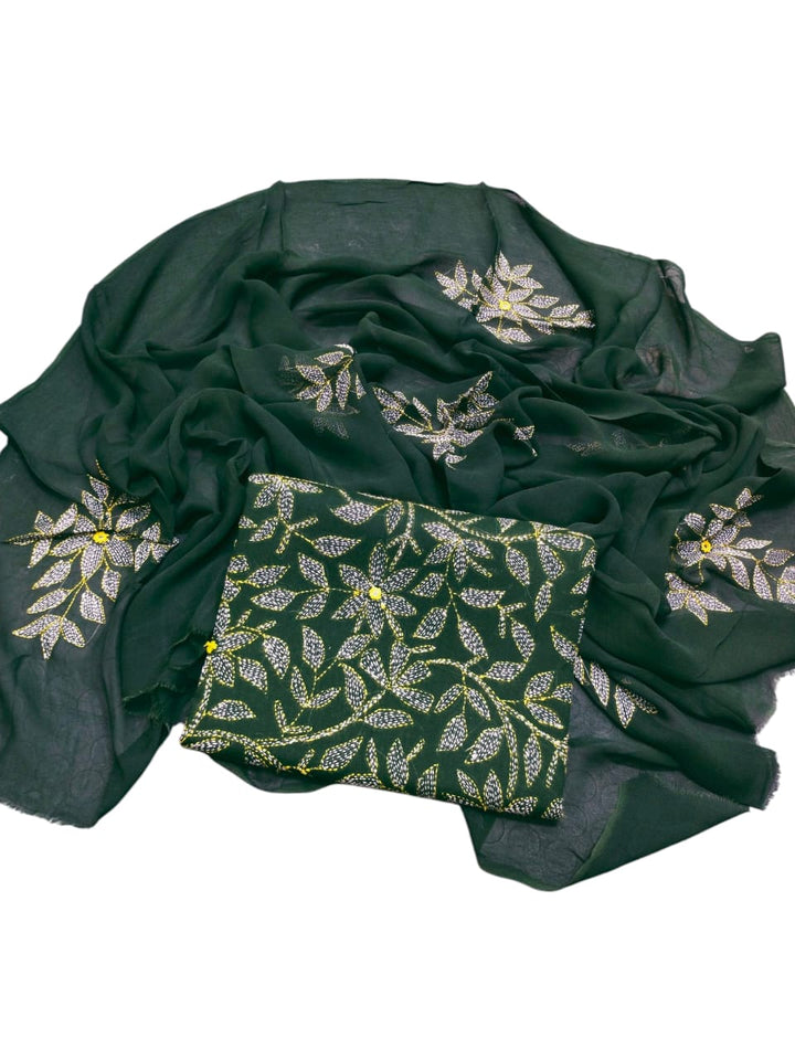 Green colour Hand made kacha jaal +mirror work collection 3pc suit (shirt dupata & trouser)