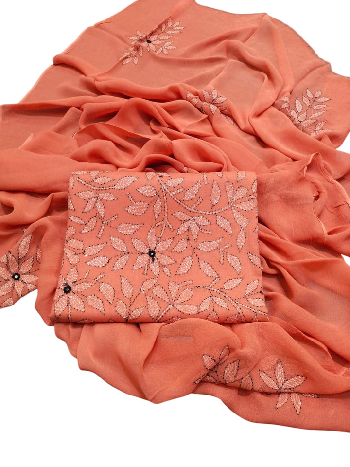 Peach colour Hand made kacha jaal +mirror work collection 3pc suit (shirt dupata & trouser)
