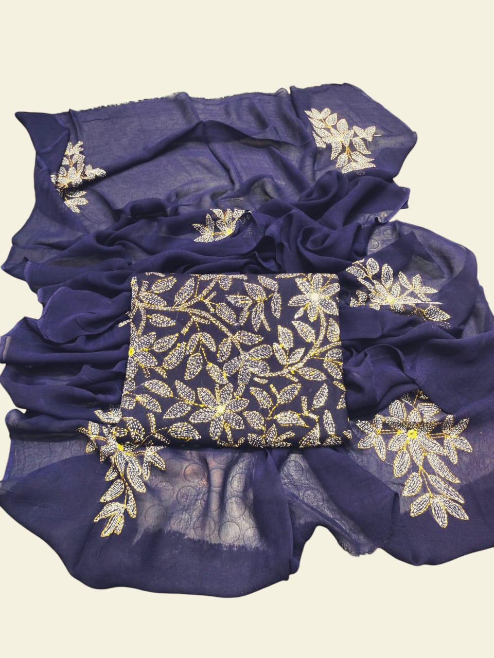 Neavy blue colour Hand made kacha jaal +mirror work collection 3pc suit (shirt dupata & trouser)