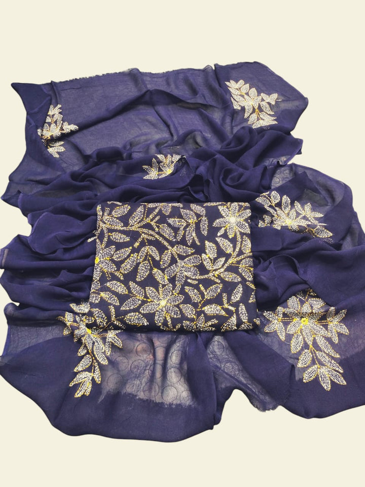 Neavy blue colour Hand made kacha jaal +mirror work collection 3pc suit (shirt dupata & trouser)